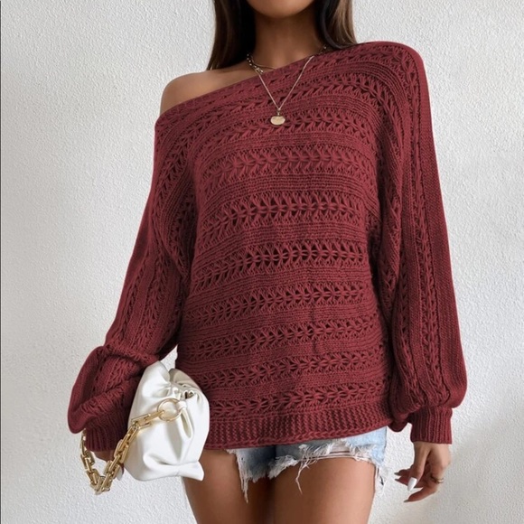 BURGUNDY OPEN KNIT LANTERN SLEEVE SWEATER - Picture 5 of 8